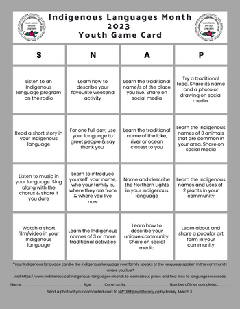 Youth bingo card