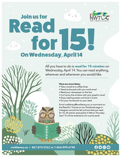  Join us for Read  for15! On Wednesday, April 14