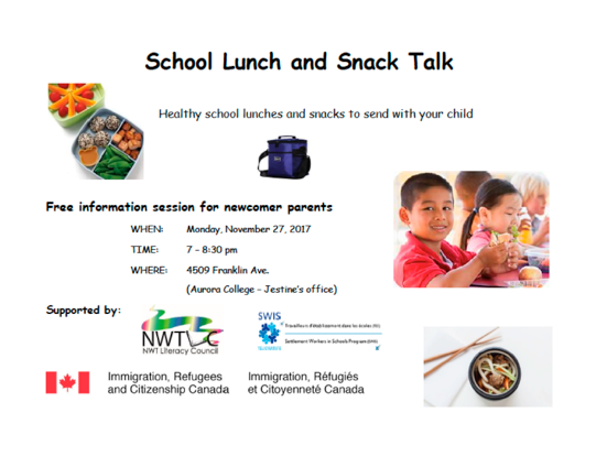 School Lunch and Snack Talk - 7 pm, Monday, November 27, 2017